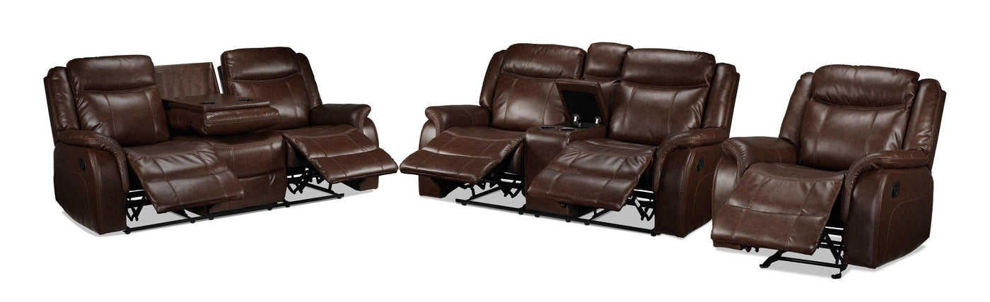 Scorpio Reclining Sofa, Reclining Loveseat and Glider Recliner - Whiskey Brown