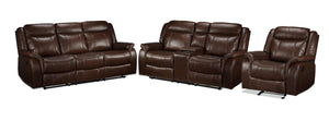Scorpio Reclining Sofa, Reclining Loveseat and Glider Recliner - Whiskey Brown