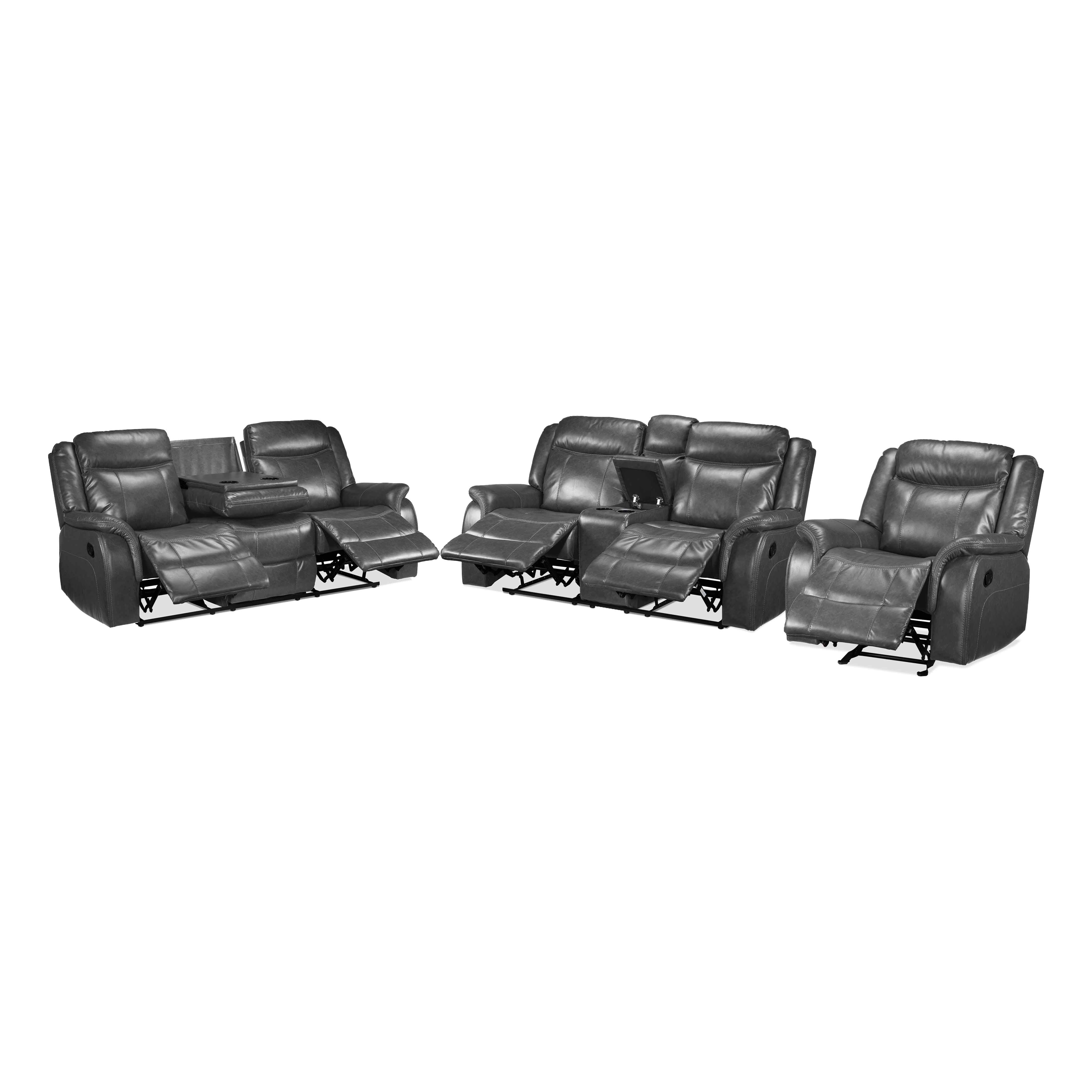 Scorpio Reclining Sofa, Reclining Loveseat and Glider Recliner - Grey