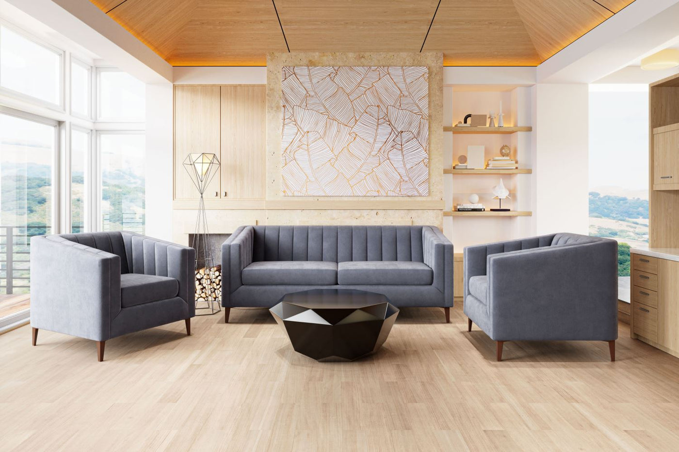 Benagil Channel Stitch Velvet Accent Chair - Washed Grey / Blue