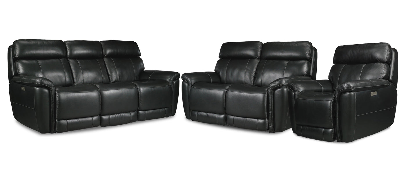 Stallion Dual Power Reclining Leather Sofa, Loveseat and Chair Set - Midnight Black