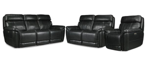 Stallion Dual Power Reclining Leather Sofa, Loveseat and Chair Set - Midnight Black
