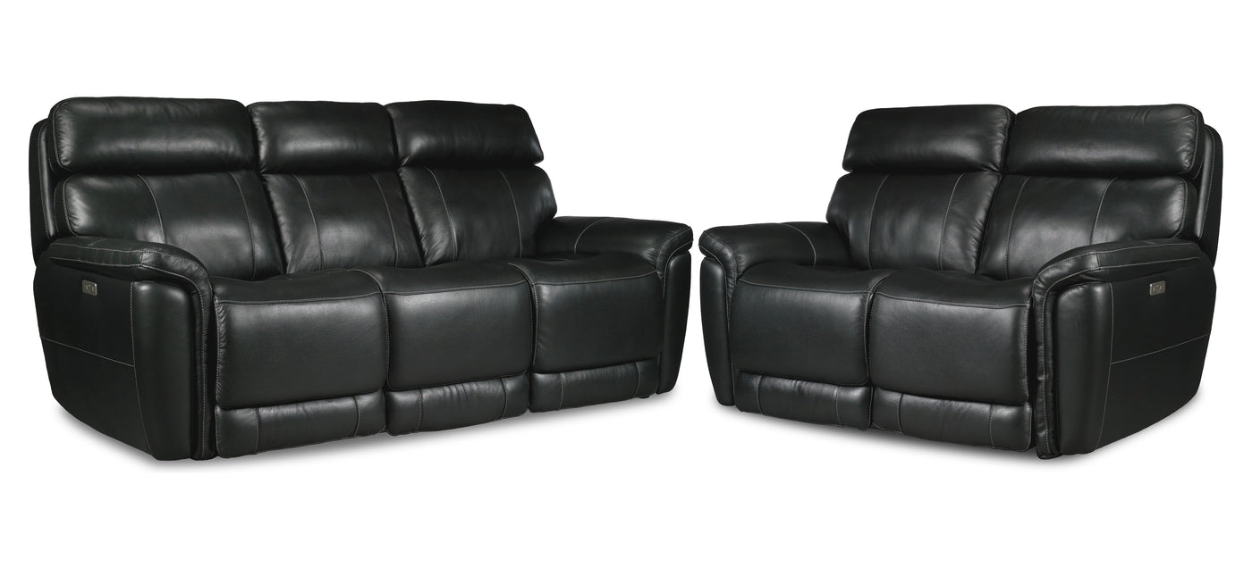 Stallion Dual Power Reclining Leather Sofa and Loveseat Set - Midnight Black