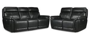 Stallion Dual Power Reclining Leather Sofa and Loveseat Set - Midnight Black