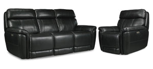 Stallion Dual Power Reclining Leather Sofa and Chair Set - Midnight Black