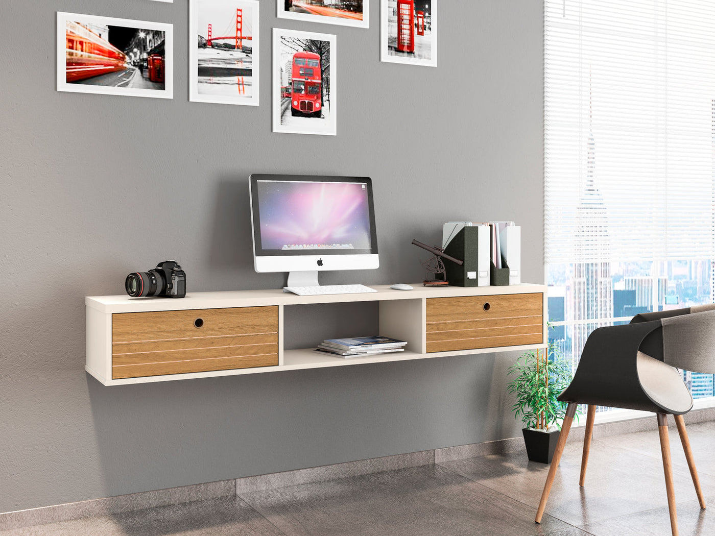 Lekedi 63" Entertainment Centre / Floating Desk – Cream / Cinnamon
