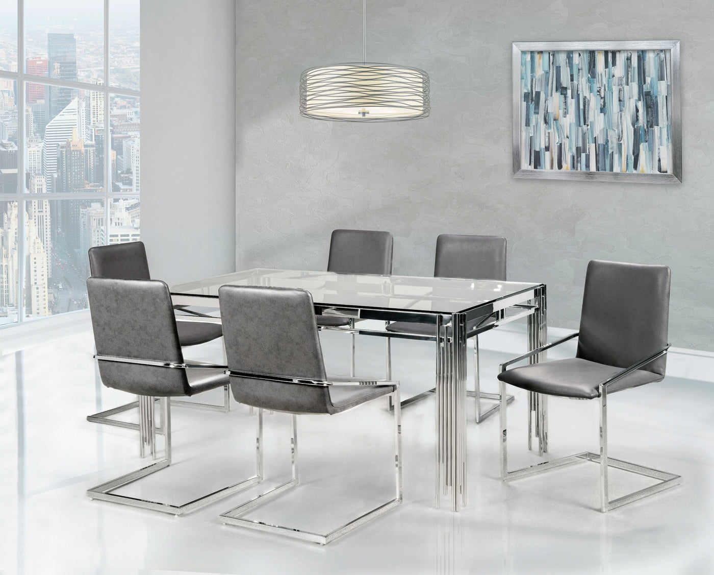 Jasmine 7-Piece Dining Set - Glass, Chrome, Grey
