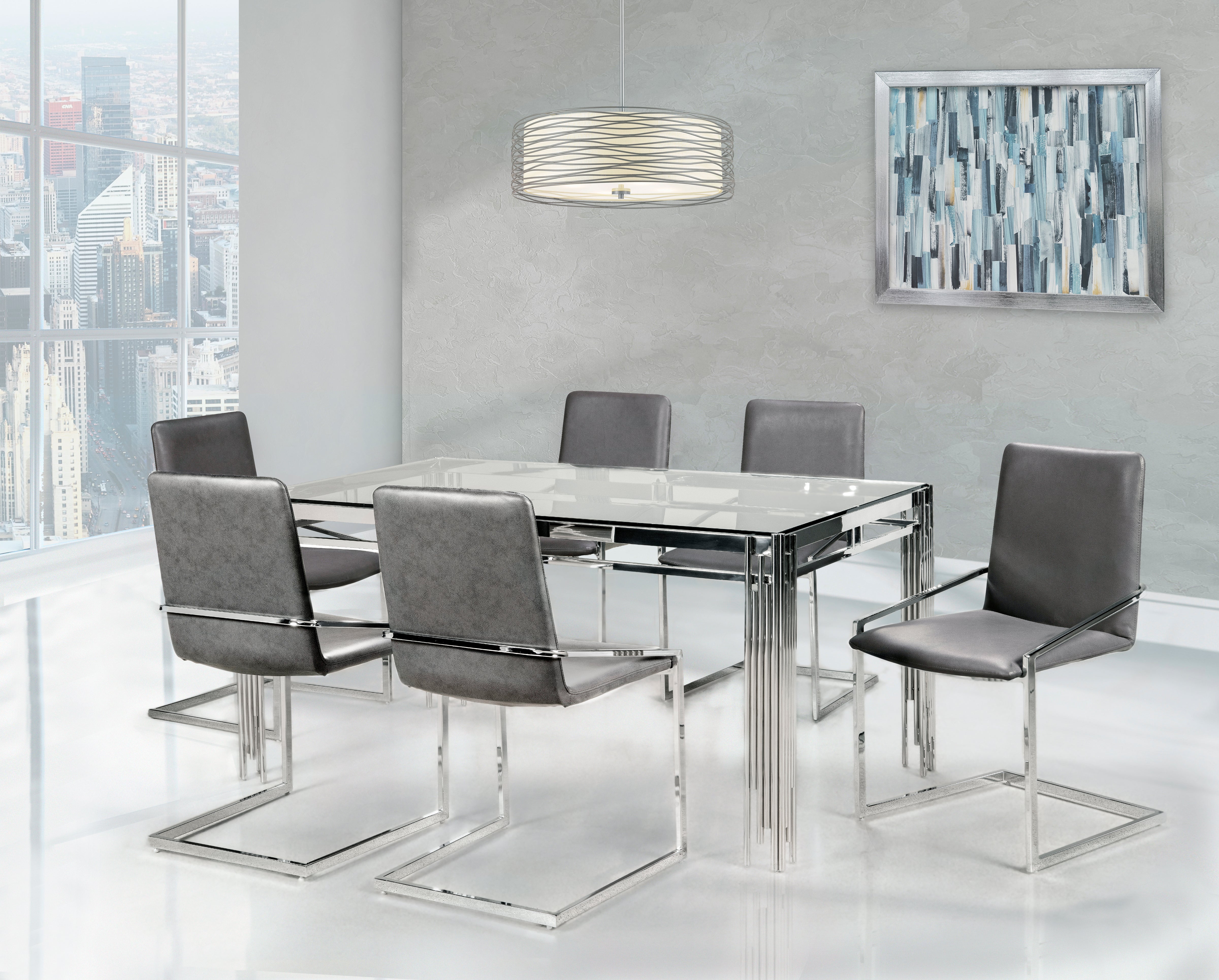 Jasmine 7-Piece Dining Set - Glass, Chrome, Grey