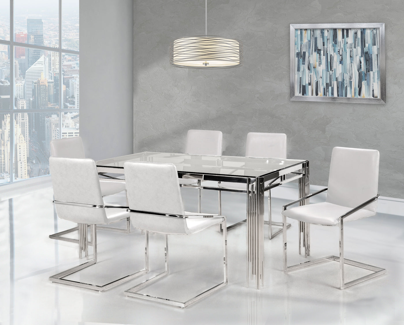 Jasmine 7-Piece Dining Set - Glass, Chrome, White