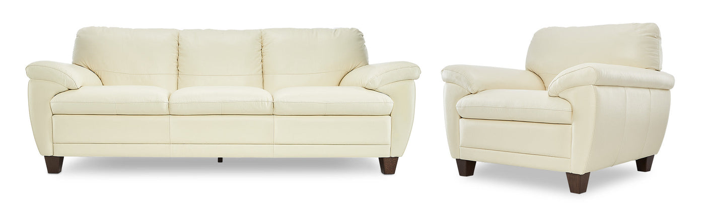 Leonardo Leather Sofa and Chair Set - Cream