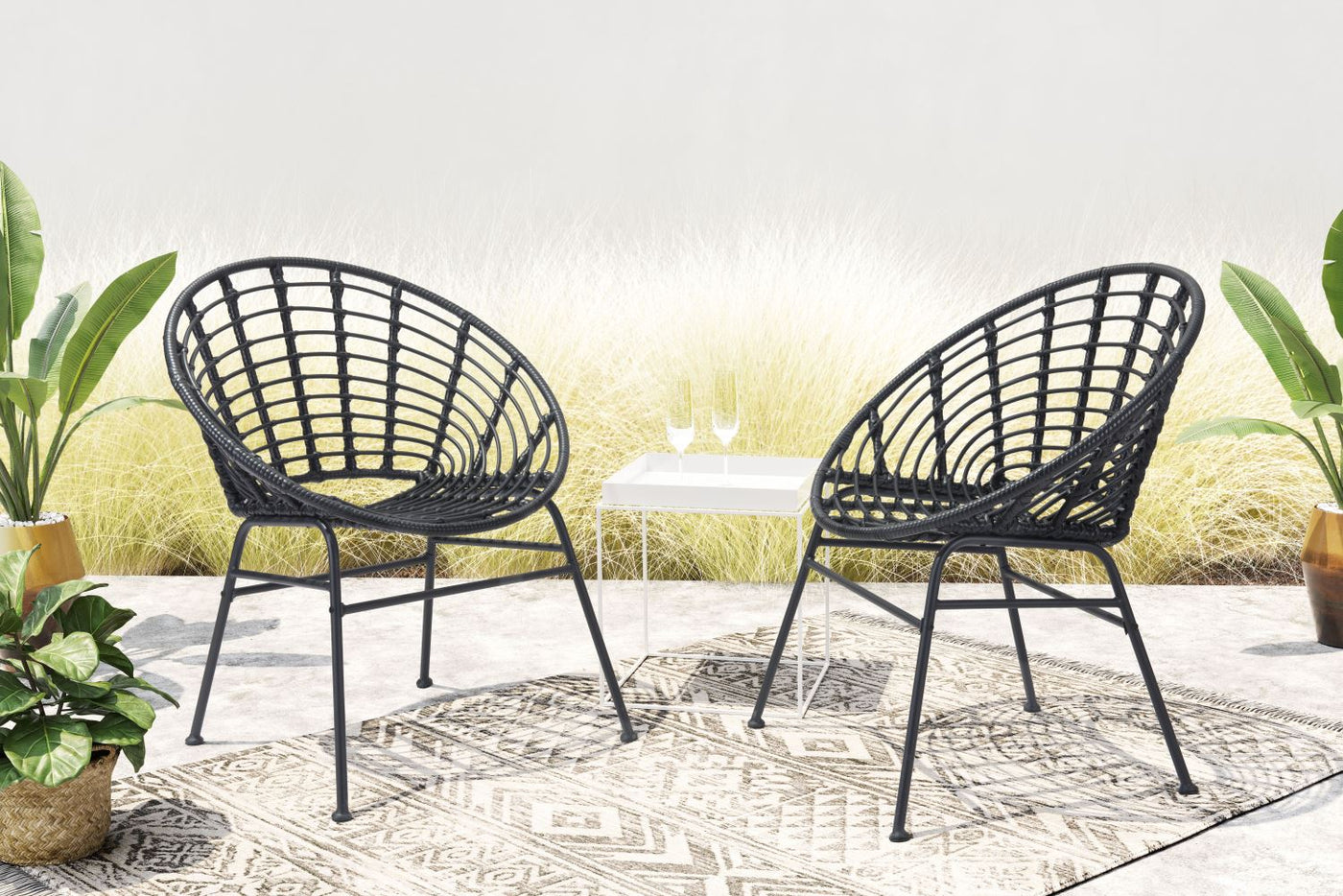 Kalyna Outdoor Papasan Dining Chair - Black - Set of 2