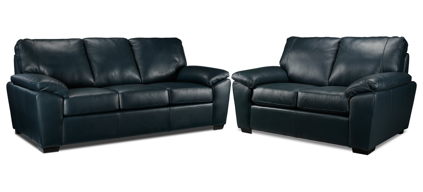 Gaetano Leather Sofa and Loveseat - Havana Atlantic Blue