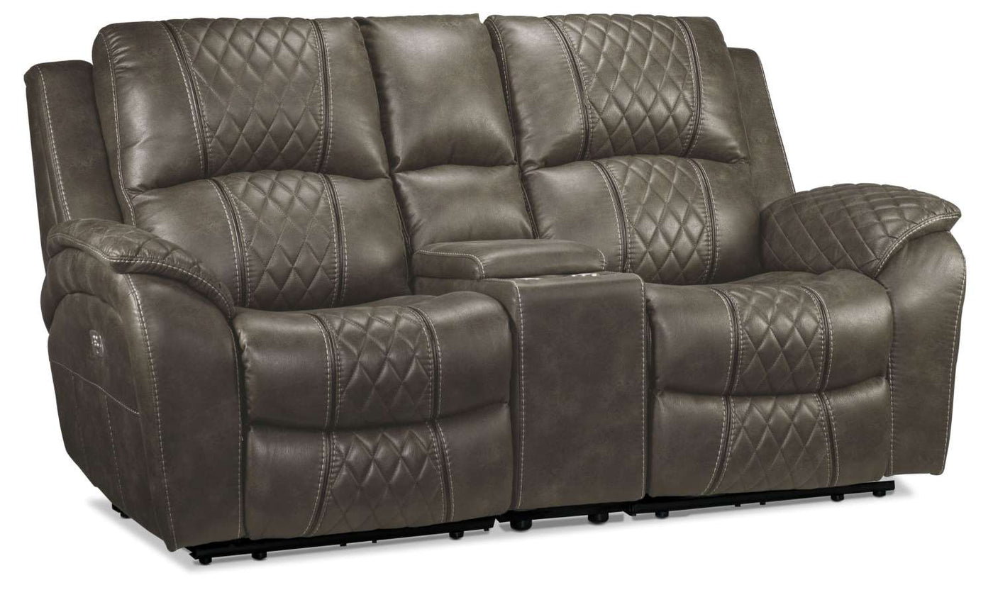 Wesley Dual Power Reclining Sofa and Dual Power Reclining Loveseat with Console - Granite