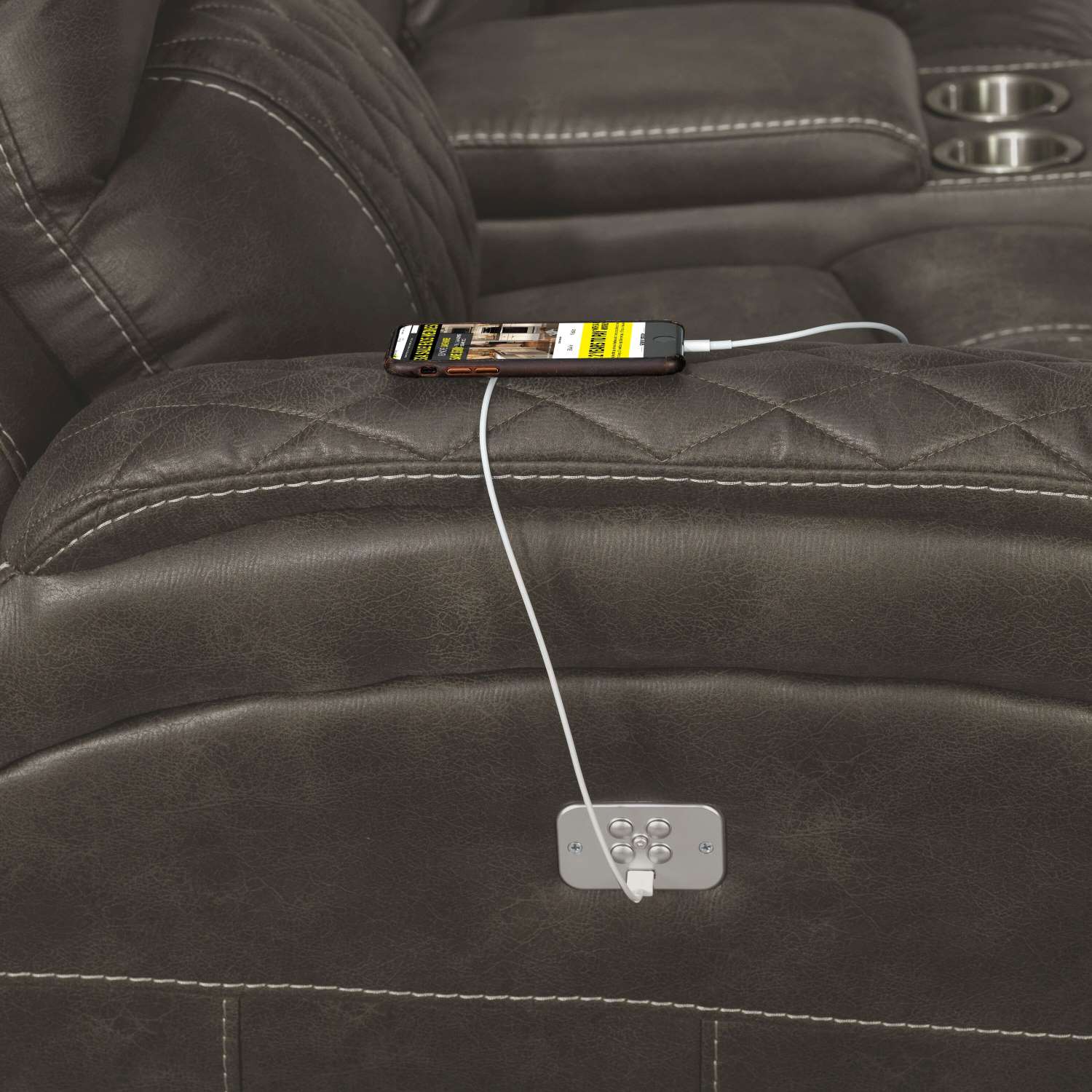 Wesley Dual Power Reclining Sofa and Dual Power Reclining Loveseat with Console - Granite