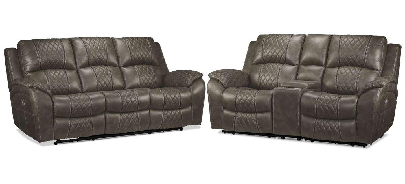 Wesley Dual Power Reclining Sofa and Dual Power Reclining Loveseat with Console - Granite