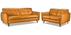 Carlino Leather Sofa and Loveseat Set - Honey Yellow