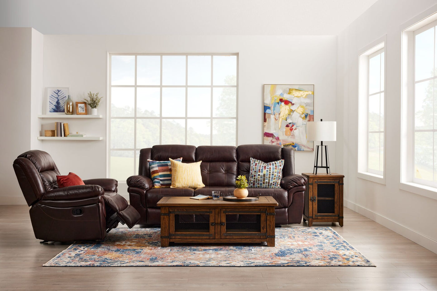 Cooper Reclining Leather Sofa, Reclining Loveseat with Console and Recliner Set - Brown