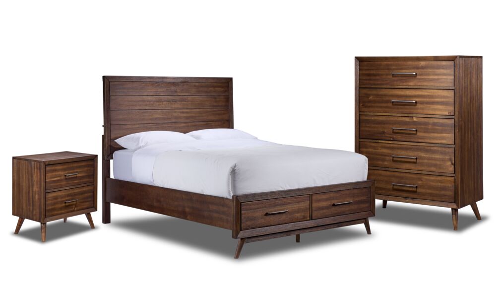 Lotus 5 Piece Queen Panel Storage Bedroom Package - Wire Brushed Brown
