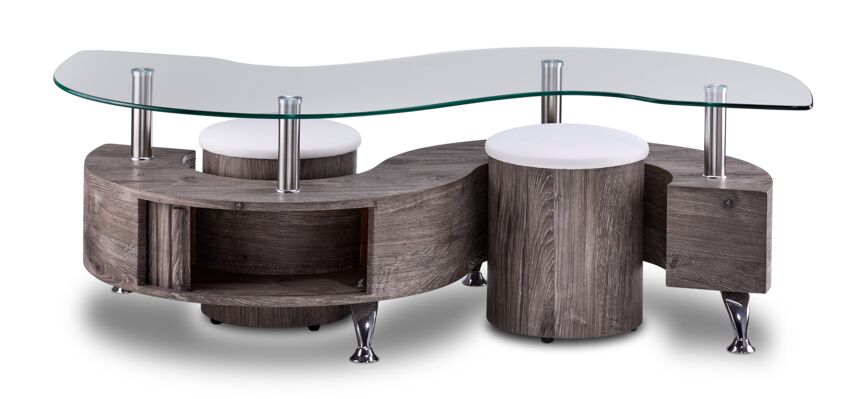 Serpentine Coffee Table with Two Ottomans - Light Grey