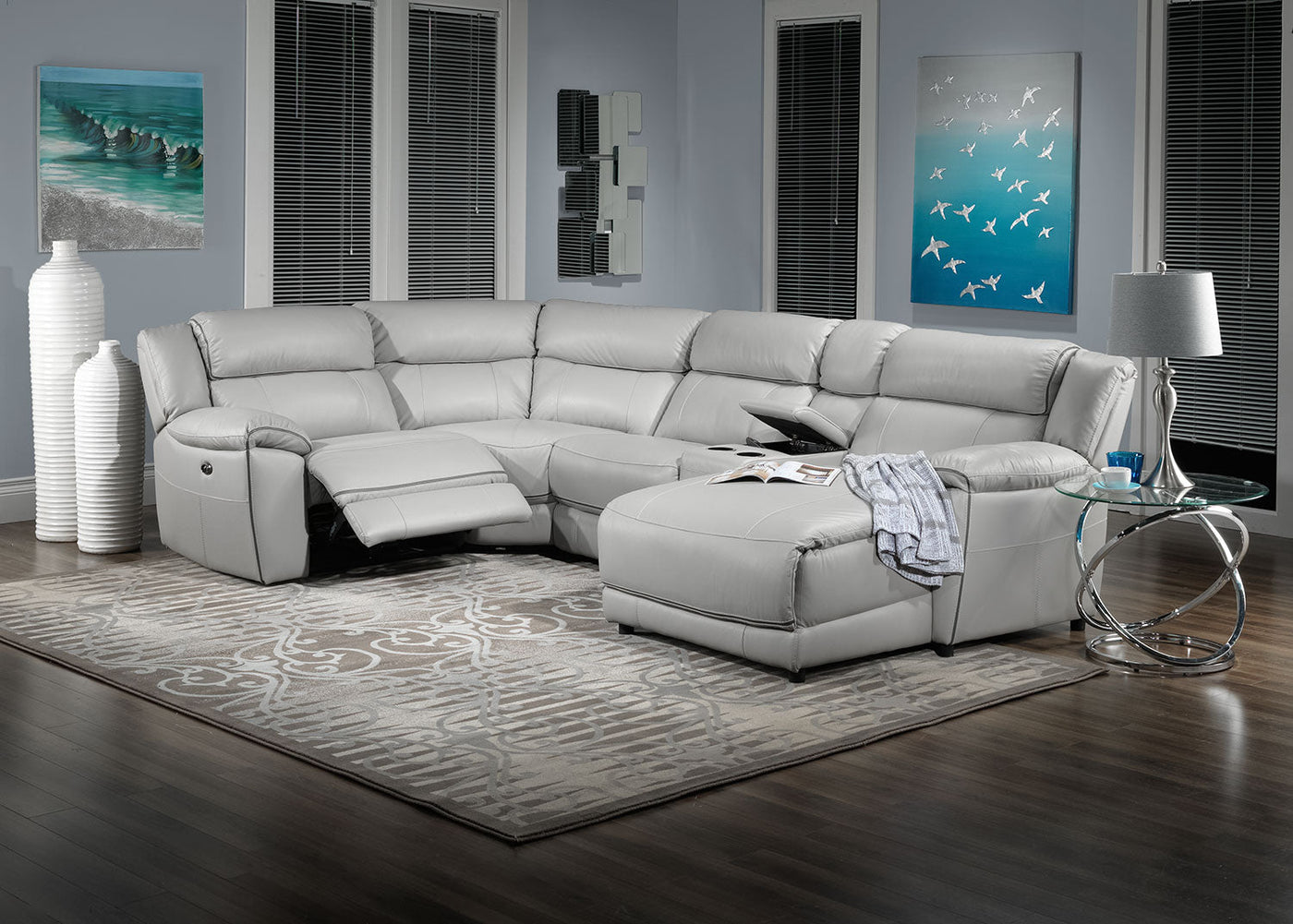 Holton 5-Piece Leather Sectional with Right-Facing Chaise - Grey