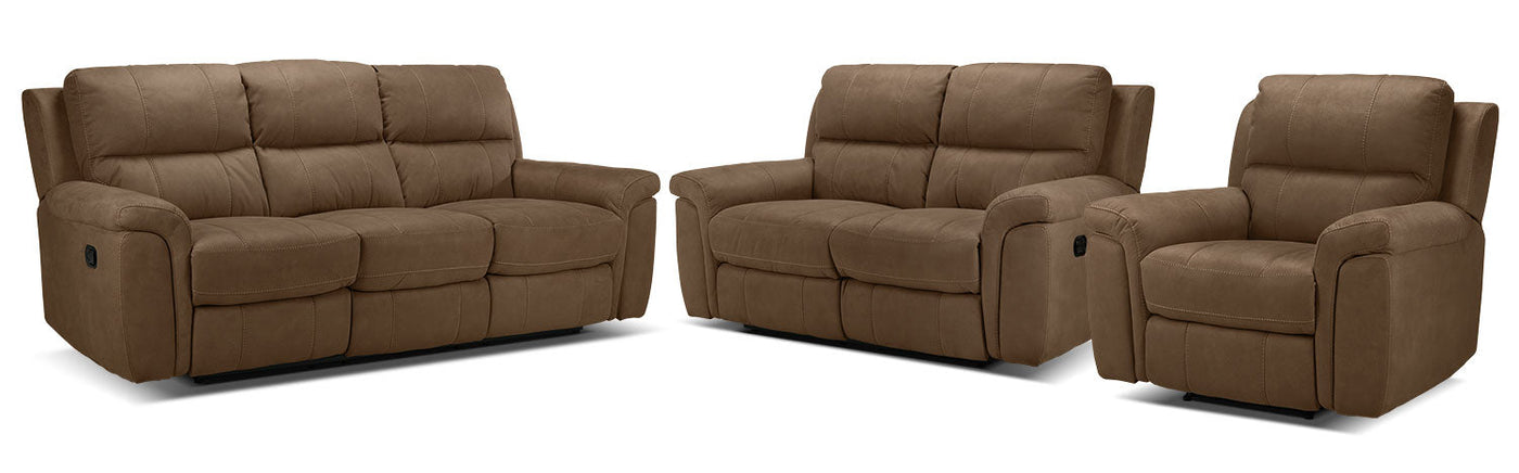 Roarke Reclining Sofa, Reclining Loveseat and Recliner Set - Tobacco