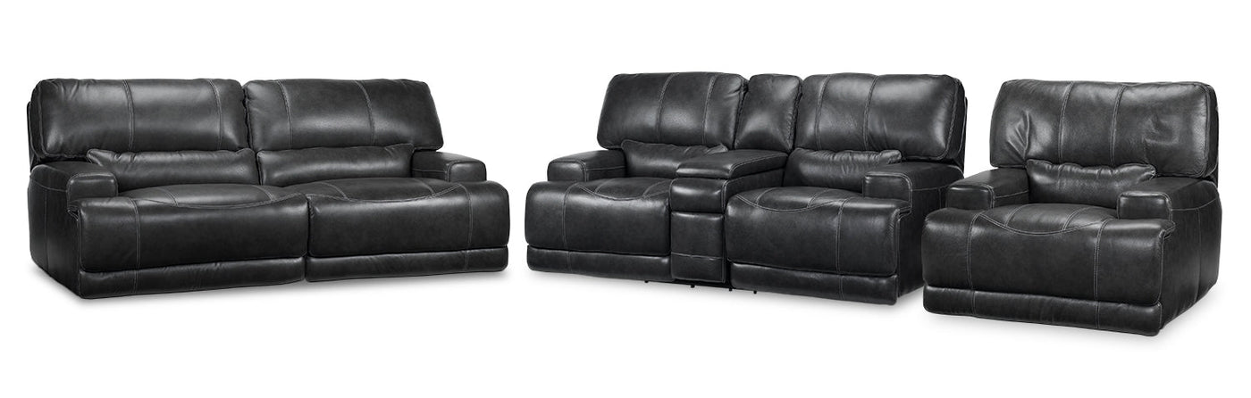 Dearborn Power Reclining Leather Sofa, Loveseat with Console and Recliner Set - Charcoal