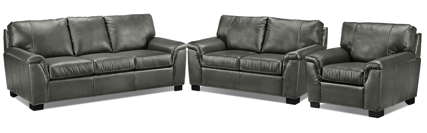 Reynolds Leather Sofa, Loveseat and Chair Set - Dark Grey