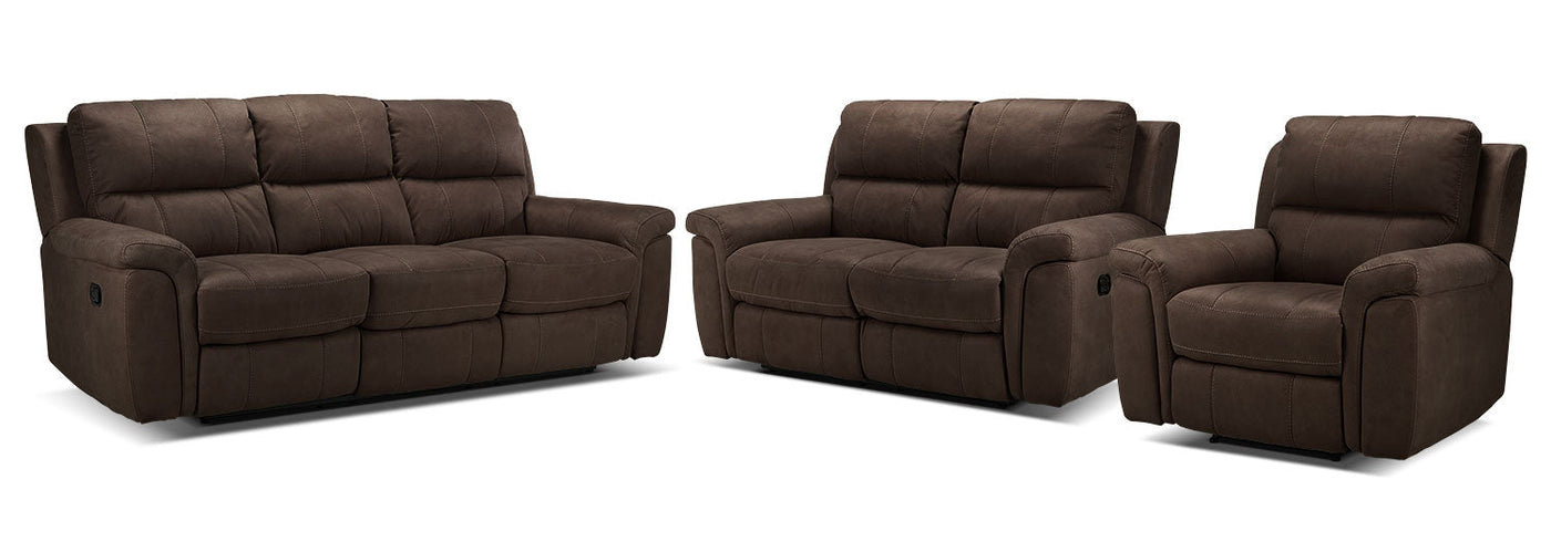 Roarke Reclining Sofa, Reclining Loveseat and Recliner Set - Walnut