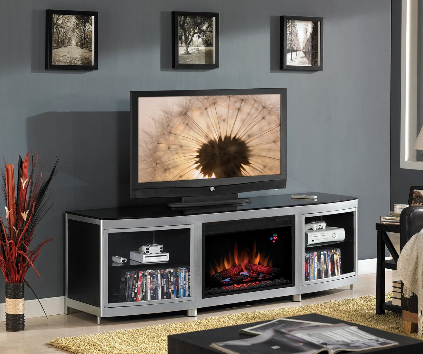 Gotham Fireplace Credenza - Silver and Black