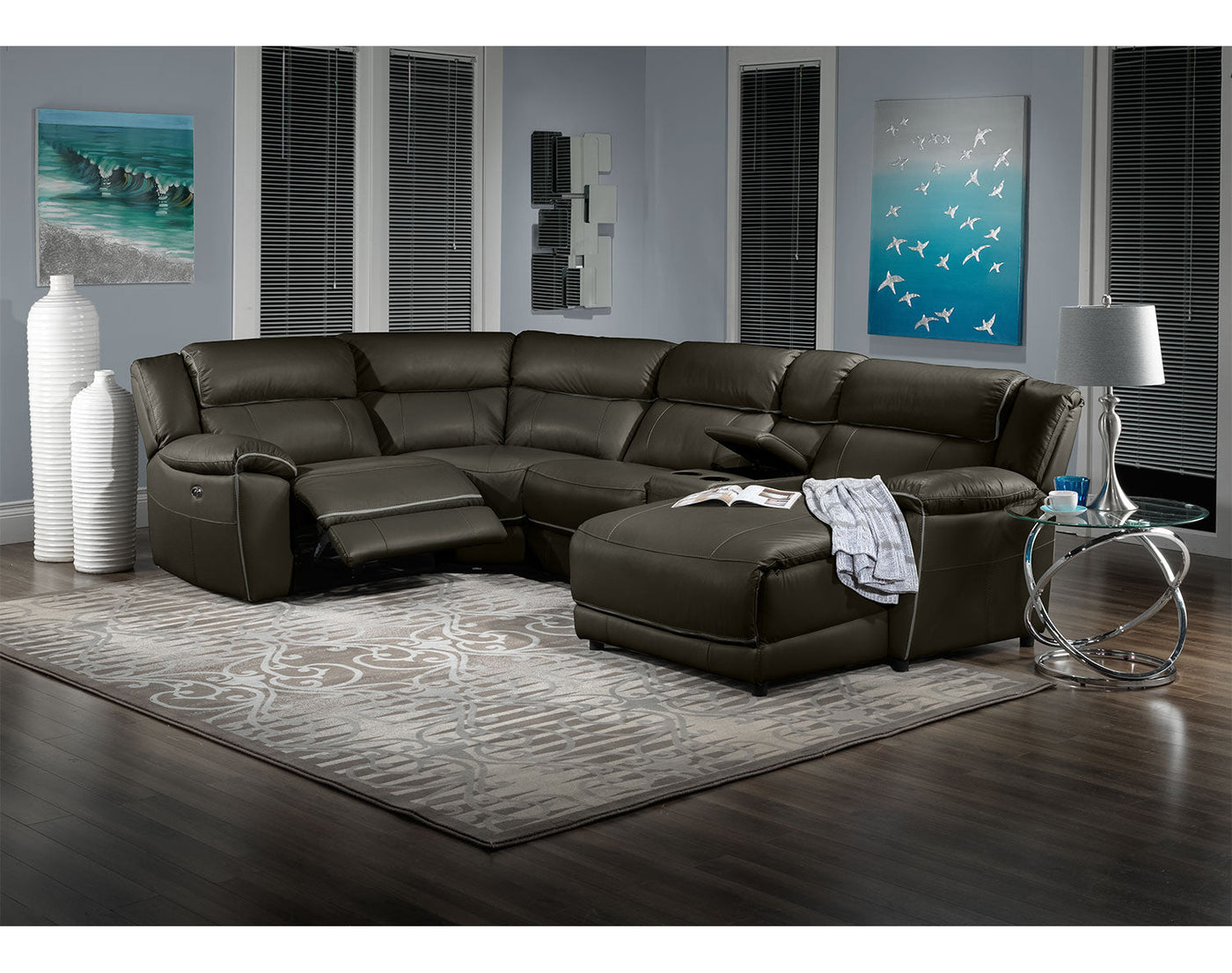 Holton 5-Piece Leather Sectional with Right-Facing Chaise - Charcoal Grey