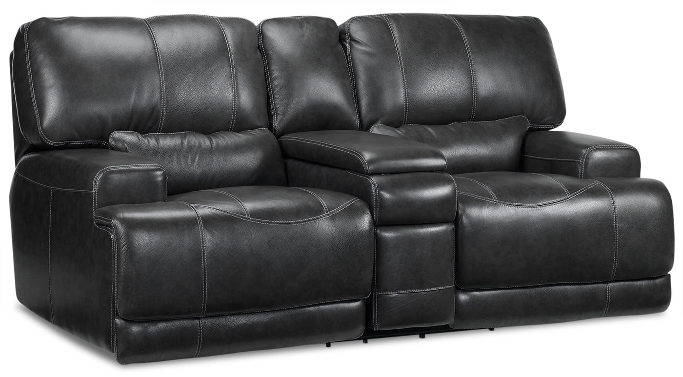 Dearborn Power Reclining Leather Sofa, Loveseat with Console and Recliner Set - Charcoal