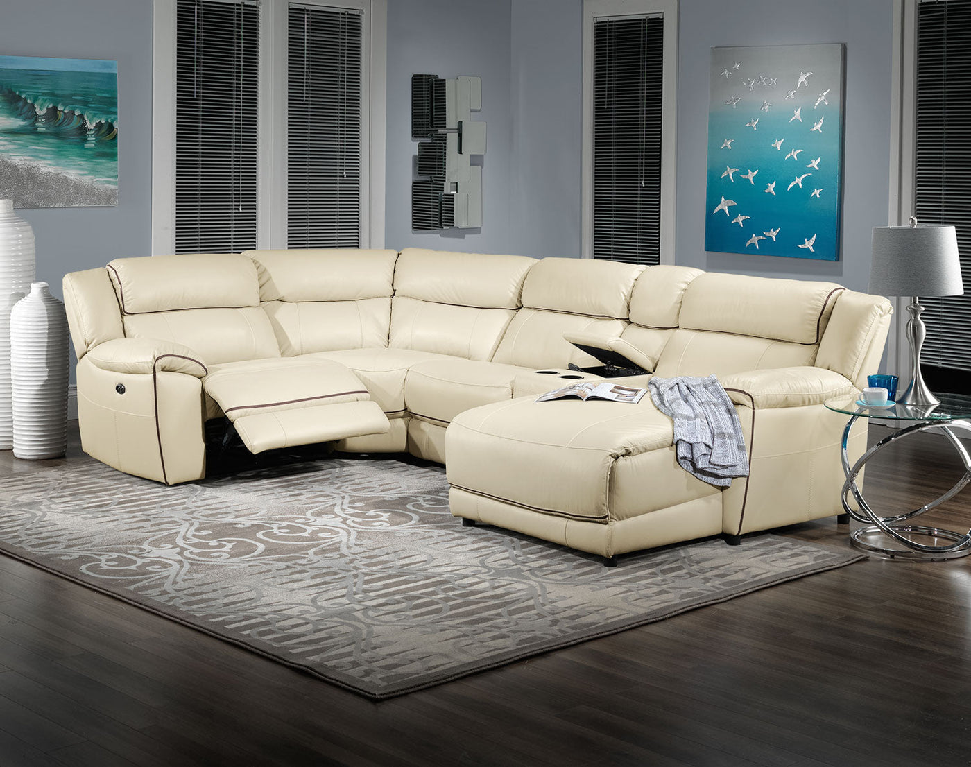 Holton 5-Piece Leather Sectional with Right-Facing Chaise - Pebble