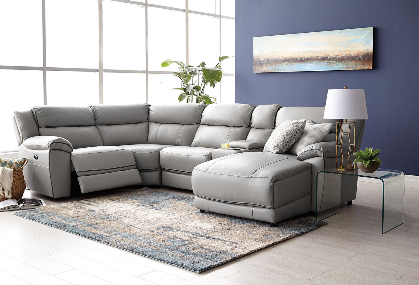Holton 5-Piece Leather Sectional with Right-Facing Chaise - Grey