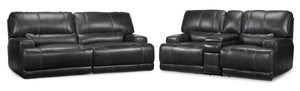 Dearborn Power Reclining Leather Sofa and Loveseat with Console Set - Charcoal