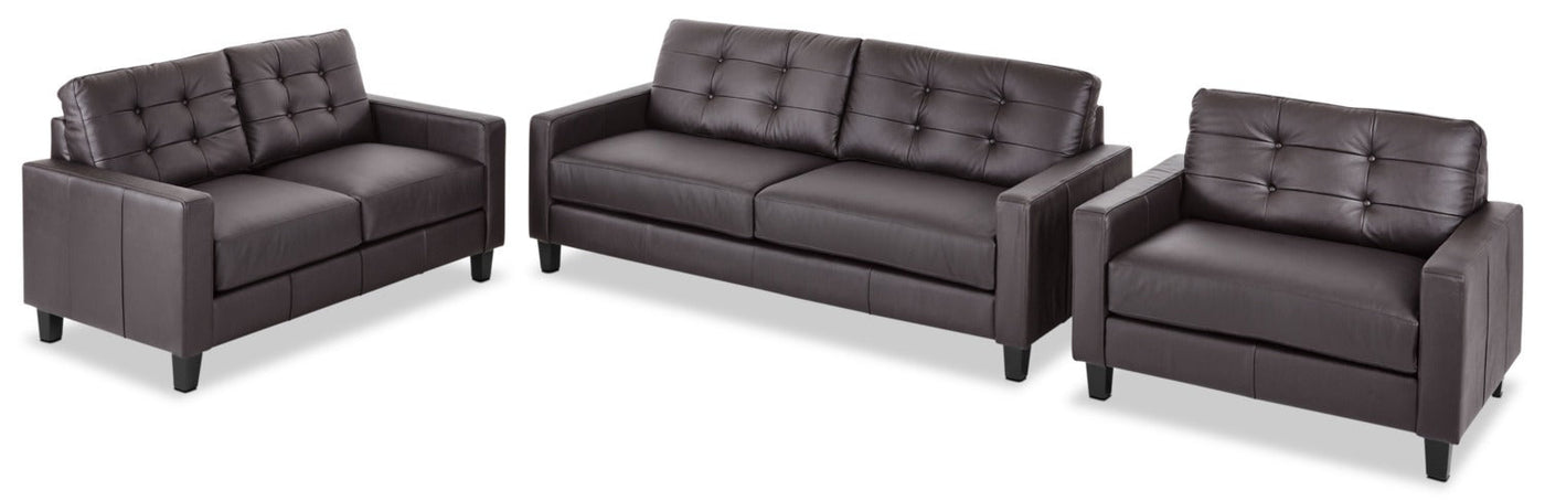 Kylie Leather Sofa, Loveseat and Chair and a Half Set - Coffee