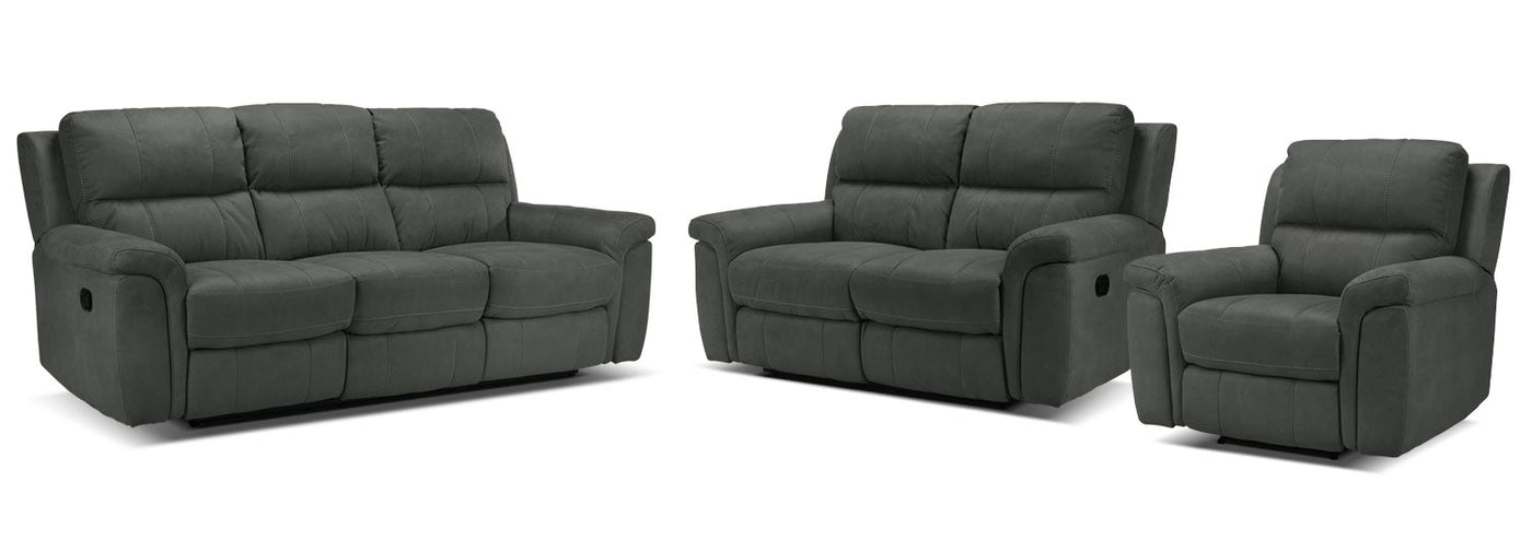 Roarke Reclining Sofa, Reclining Loveseat and Recliner Set - Charcoal