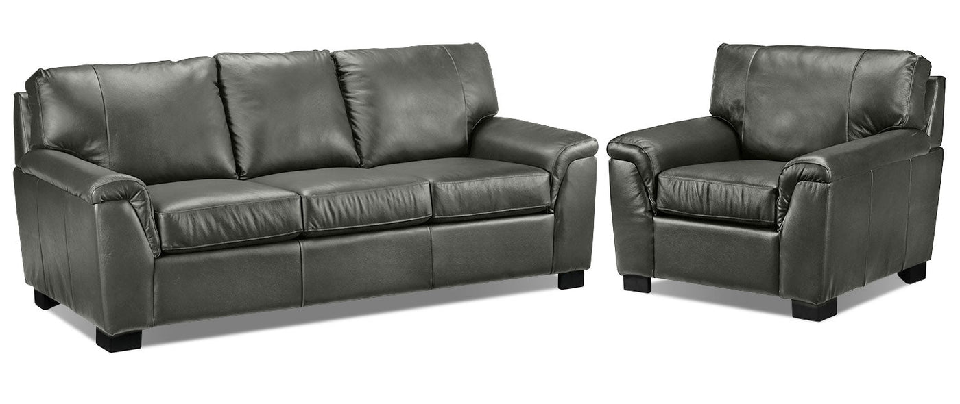 Reynolds Leather Sofa and Chair Set - Dark Grey