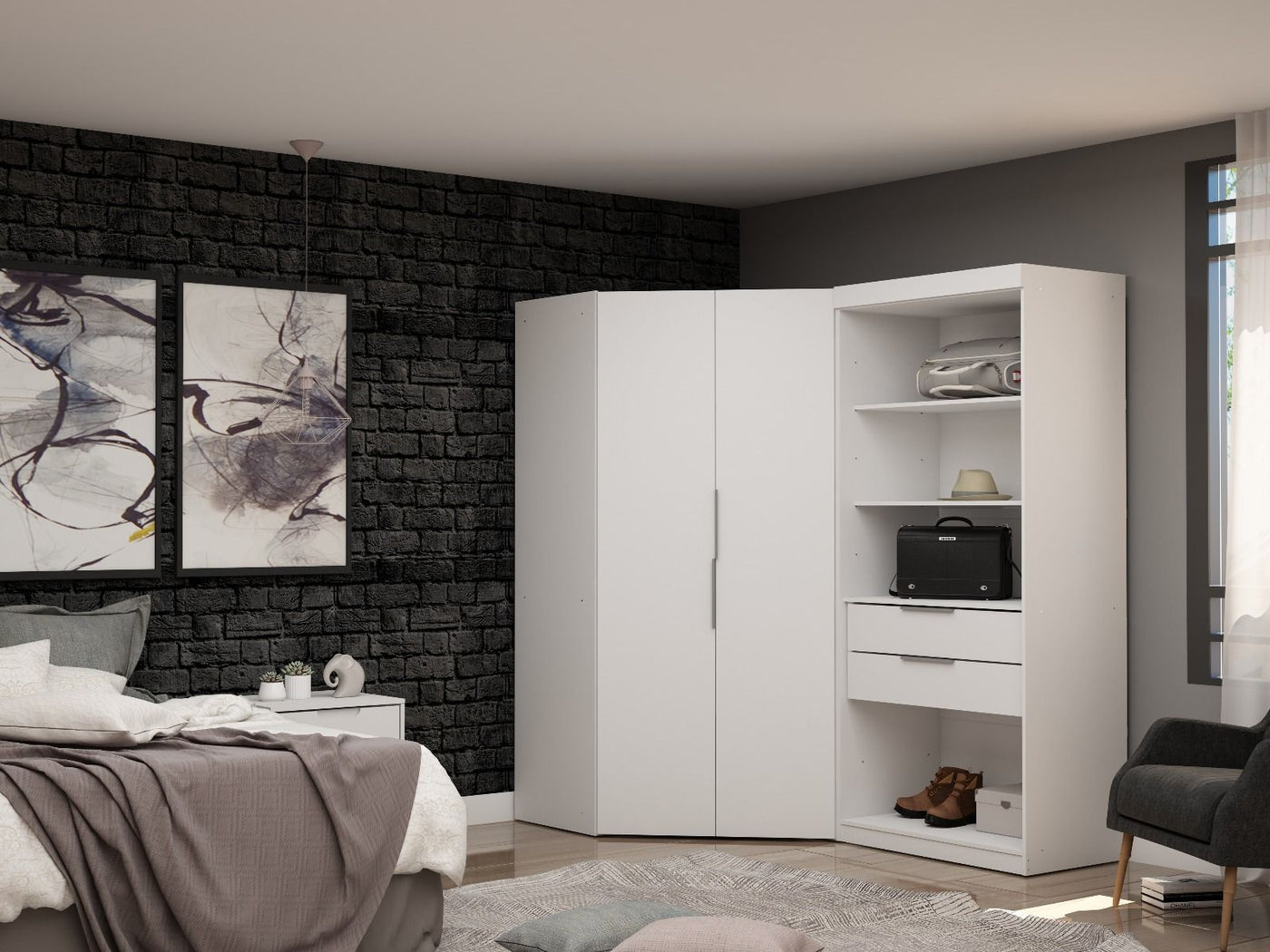 Oulu Semi-Open 2-Piece Modular Corner Wardrobe - White