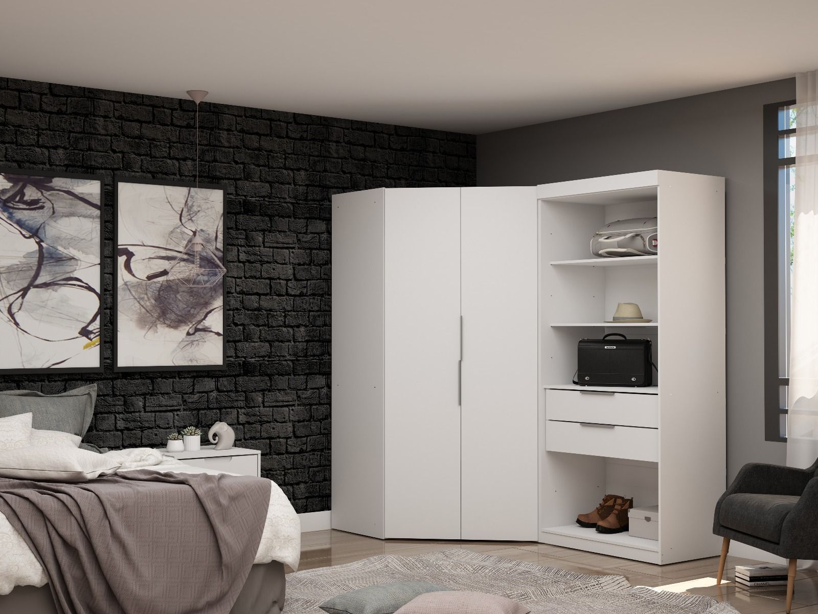 Oulu Semi-Open 2-Piece Modular Corner Wardrobe - White