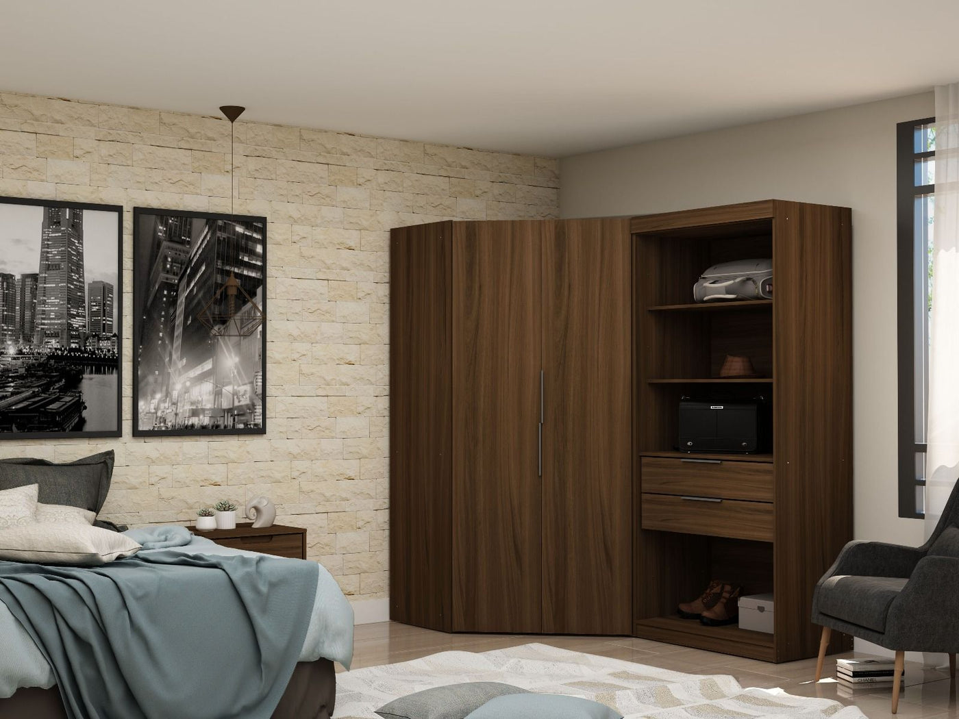 Oulu Semi-Open 2-Piece Modular Corner Wardrobe - Brown