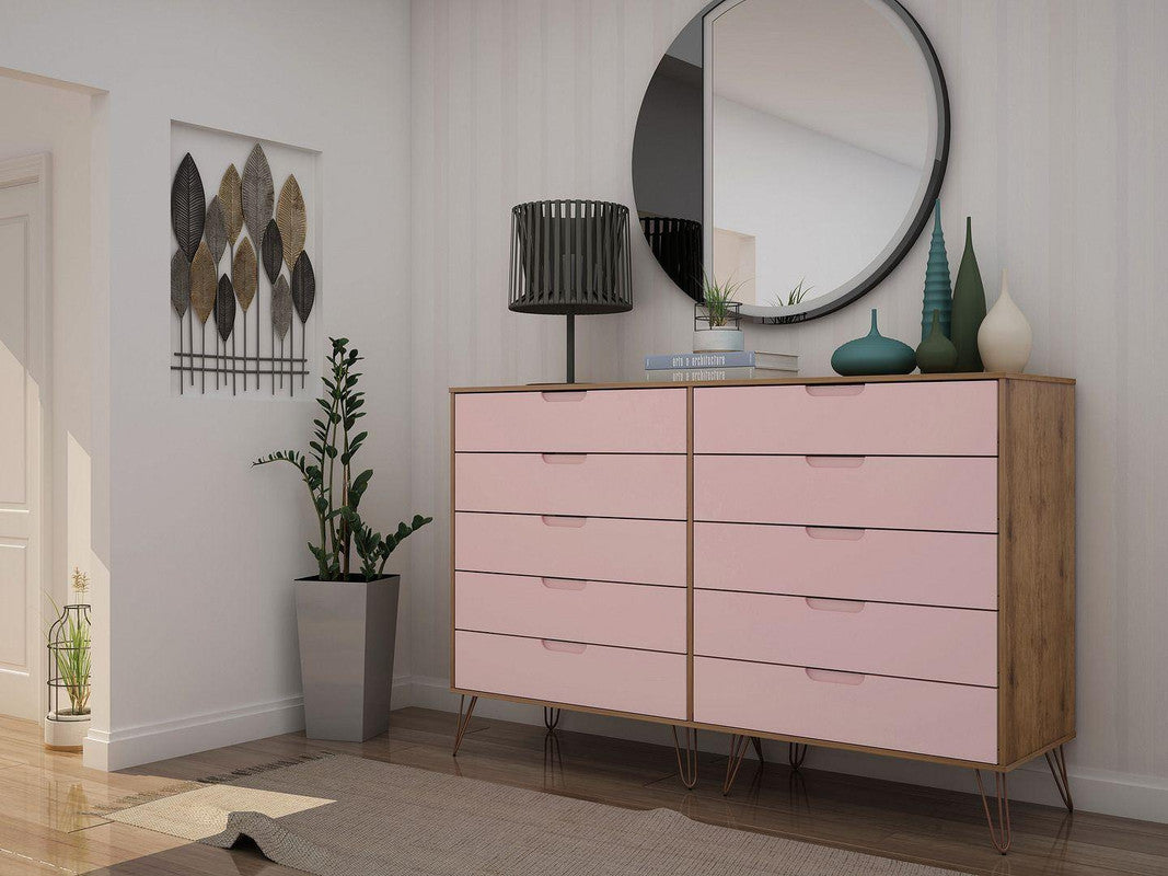 Nuuk 10-Drawer Double Dresser - Nature/Rose Pink