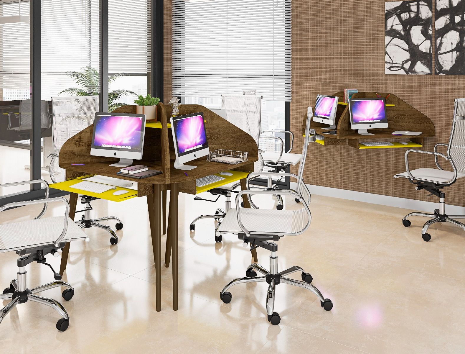 Gatutca Cubicle Section Desk with Keyboard Shelf Set of 2 - Rustic Brown/Yellow