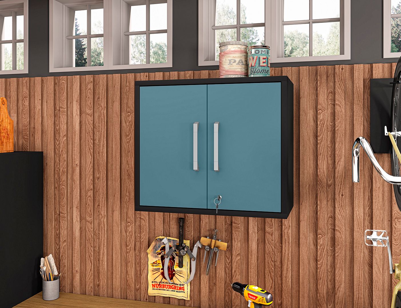 Lunde Floating Garage Cabinet - Matte Black/Aqua Blue - Set of 2