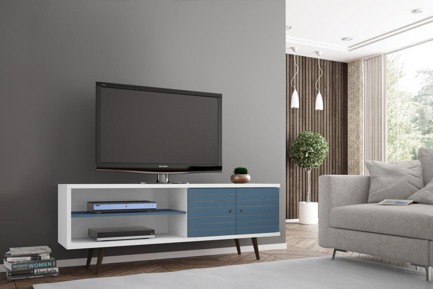 Lekedi 63" TV Stand - White/Aqua Blue