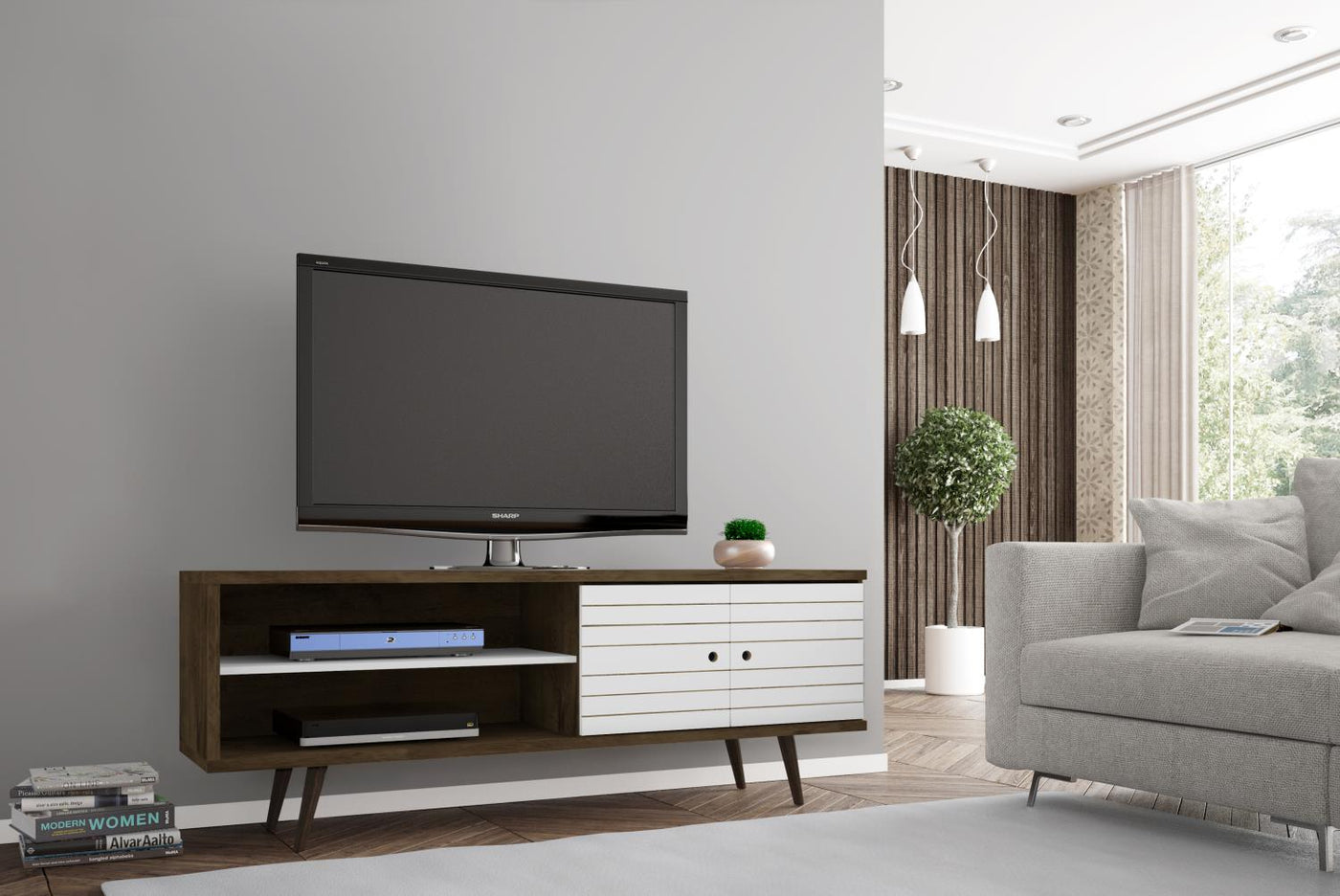 Lekedi 63" TV Stand - Matte White/Rustic Brown