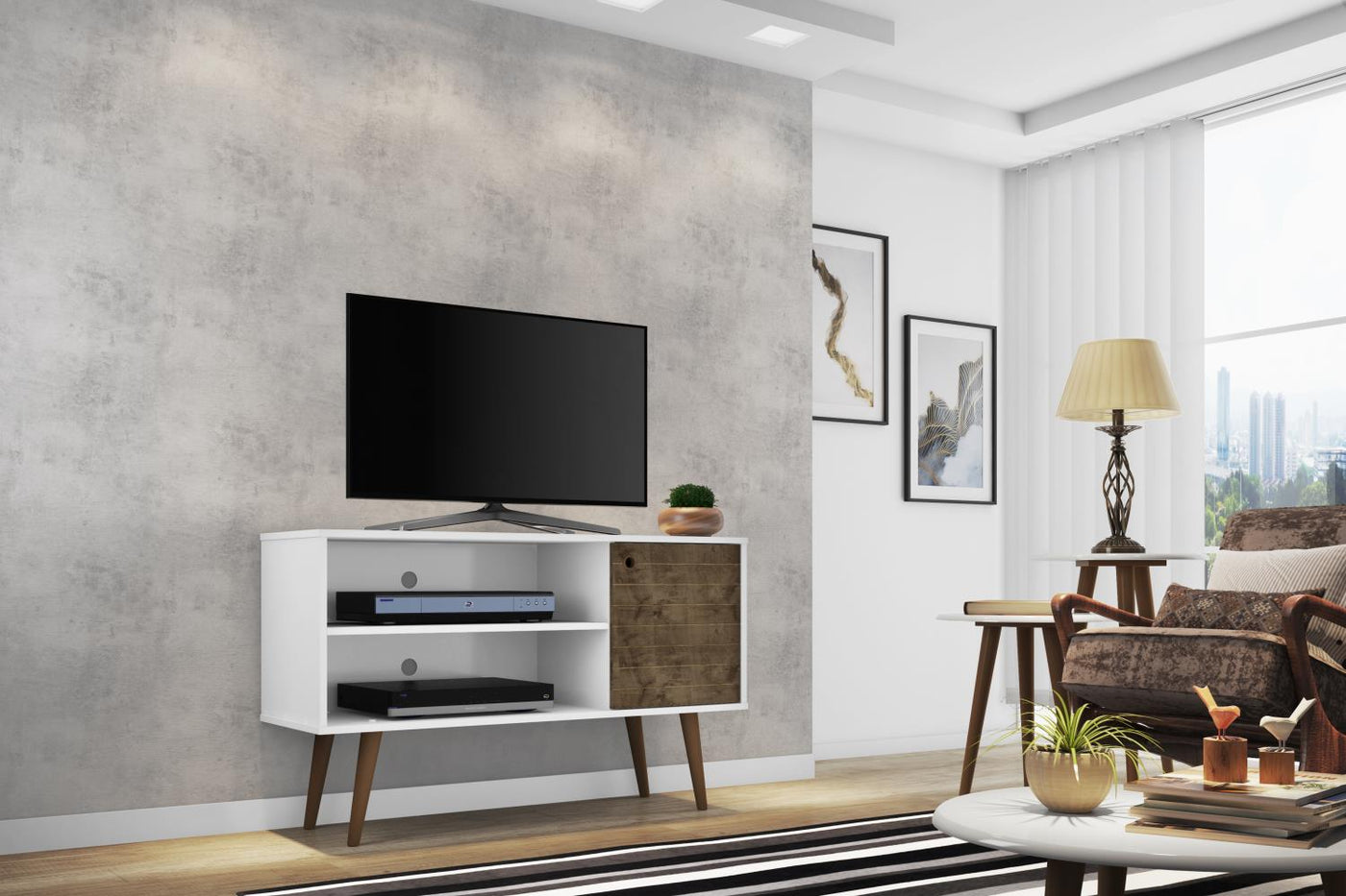 Lekedi 42" TV Stand - Gloss White/Rustic Brown