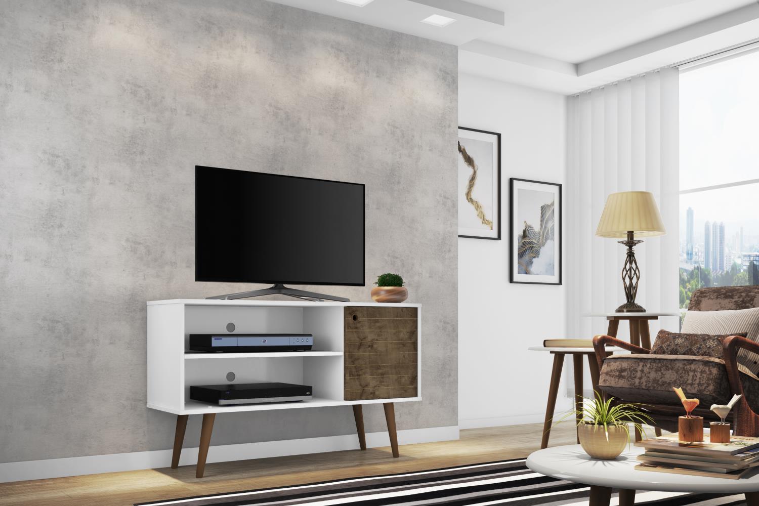 Lekedi 42" TV Stand - Gloss White/Rustic Brown