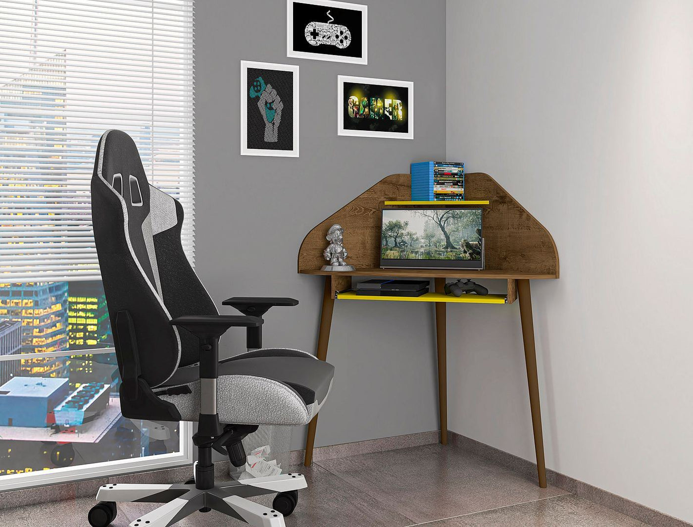 Gatutca Corner Desk with Keyboard Shelf - Rustic Brown/Yellow
