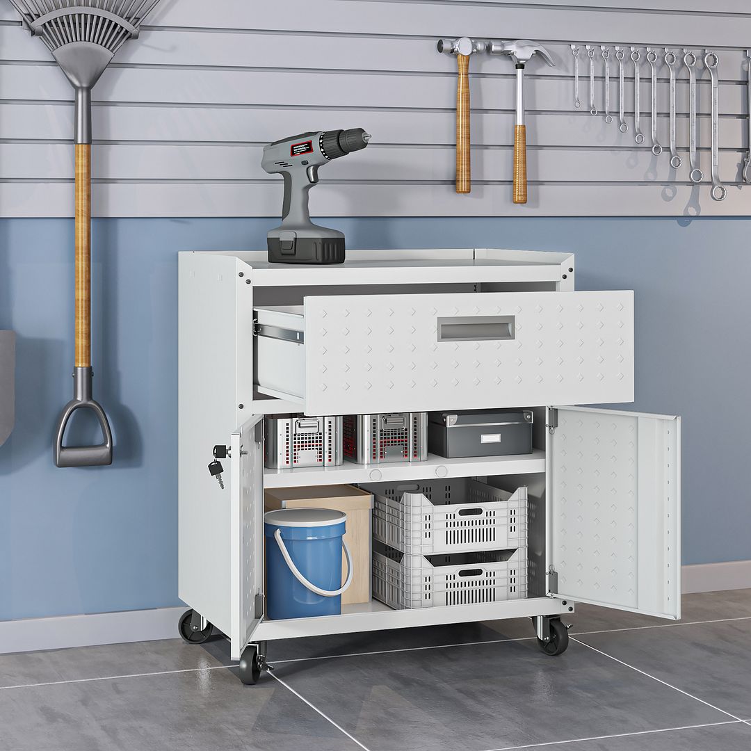 Maximus 31.5" Mobile Garage Cabinet with Drawer/Shelves - White