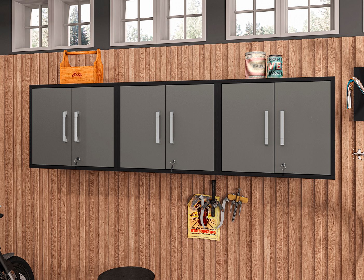 Lunde Floating Garage Cabinet - Matte Black/Grey - Set of 3